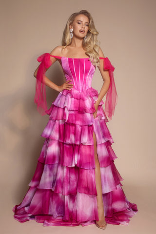 Hot pink layered evening gown PS26143