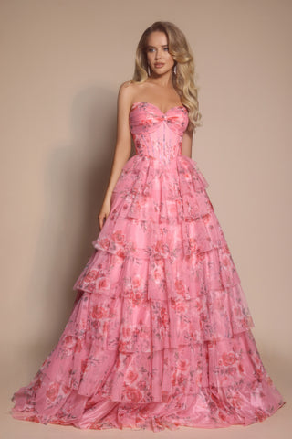 PS26153 Pink Floral Strapless Gown