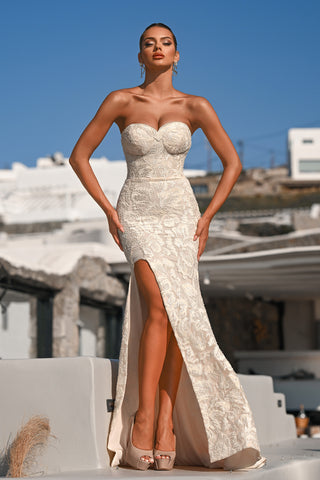 Ivory strapless gown with thigh slit - PS26175