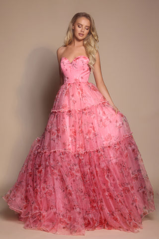 Pink floral layered formal gown