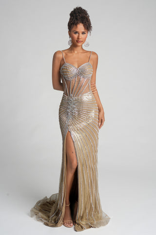 PS26287 Gold Gown with Slit
