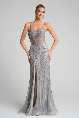 Silver sequin gown PS26287 with slit