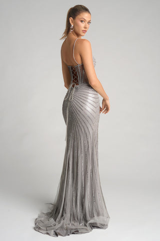 Silver beaded formal gown PS26287