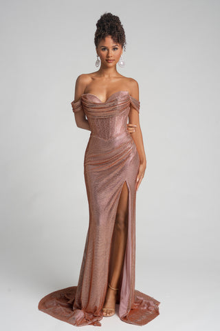 Bronze off-the-shoulder gown with slit - PS26293