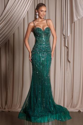 Emerald beaded evening gown
