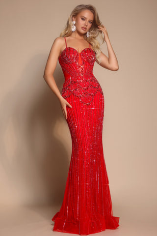 Red embellished formal gown
