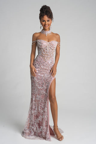 Ivory Blush Formal Gown PS26322E with High Slit