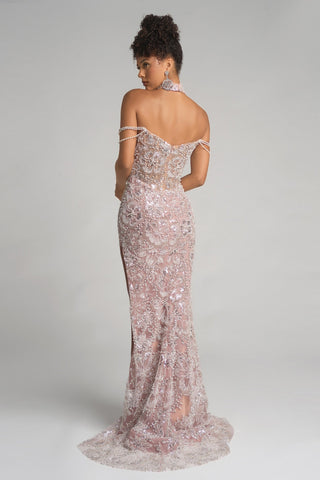 Ivory Blush PS26322E beaded gown with off-the-shoulder neckline.