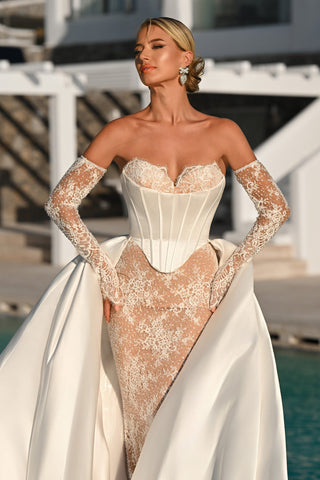 Ivory nude lace wedding gown with long gloves, PS26328E.