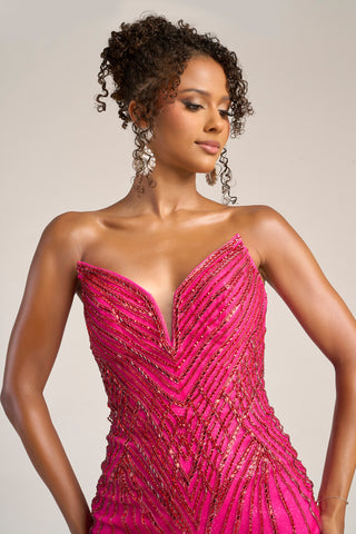 Hot pink beaded formal dress, PS26374, on a woman.