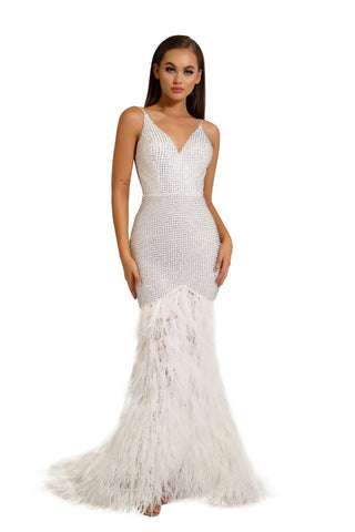 Ivory beaded mermaid gown with feathers (PS6826)