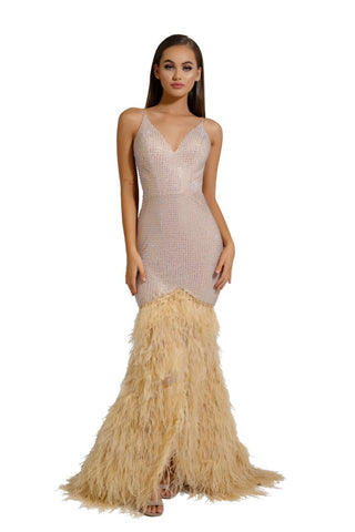 PS6826 Nude Feathered Gown