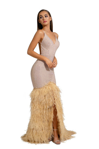 PS6826 Nude Feathered Gown