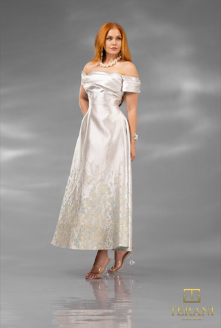 Woman in off-the-shoulder formal dress