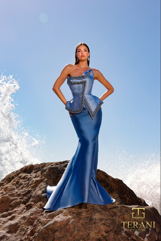 Blue Terani gown on model, screenshot 2025-11-11