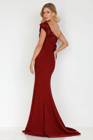 Terani Couture Merlot one-shoulder gown