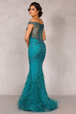 Terani Couture teal feather gown
