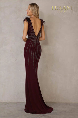Terani Couture burgundy feather dress
