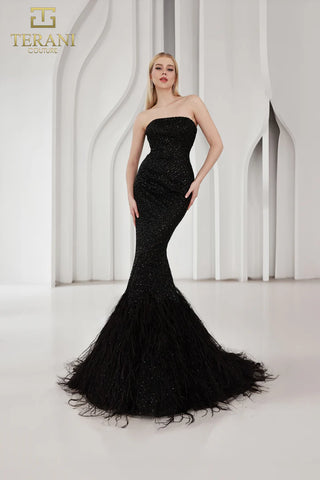 Terani Couture black strapless gown