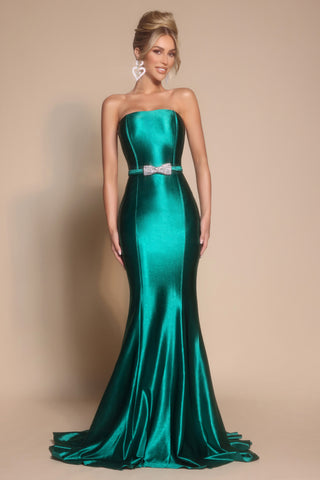 Emerald green strapless gown with bow belt