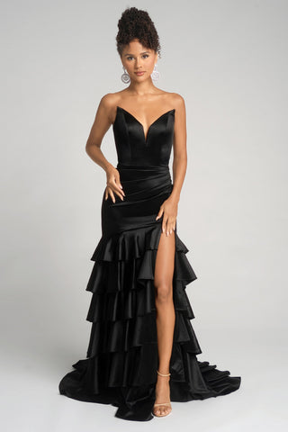 XO021 Black Strapless Gown with Ruffles and High Slit