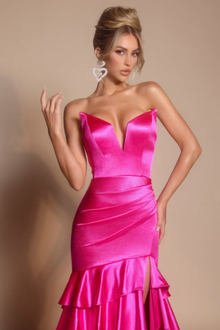Hot pink strapless gown XO021, with side slit.