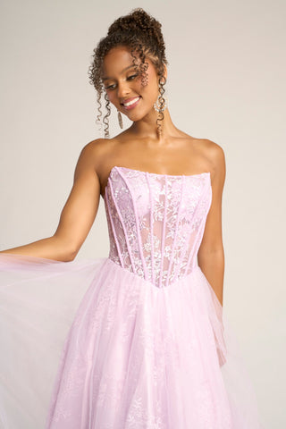 Lilac strapless gown on model