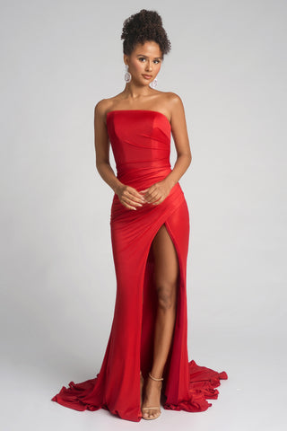 XO025-RED-01 Red Strapless Gown with High Slit