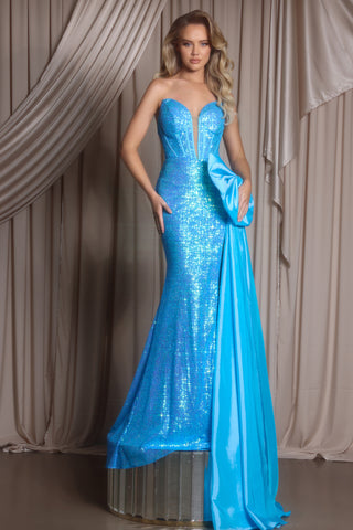 Blue sequin formal gown with bow and train