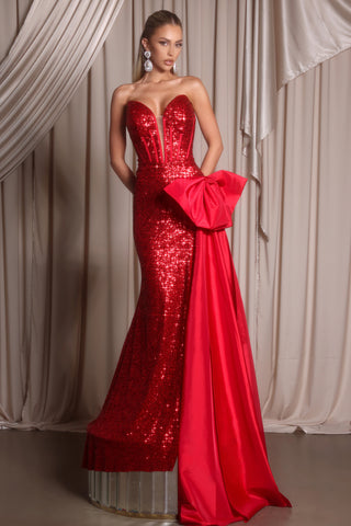 Red sequin evening gown with bow detail