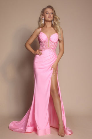 Pink XO039 evening gown with high slit