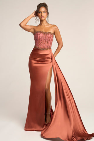 Bronze evening gown with beaded bodice and slit
