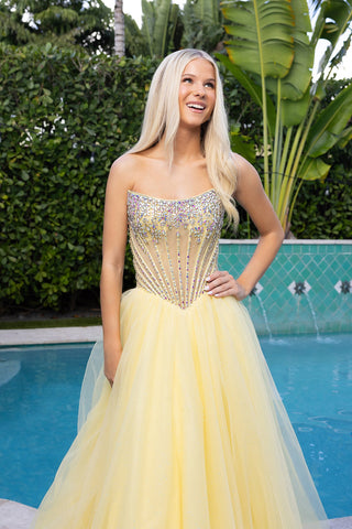Yellow strapless gown, XO047 prom dress