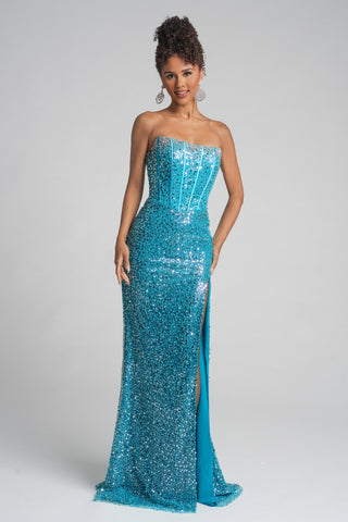 Turquoise sequin gown XO054