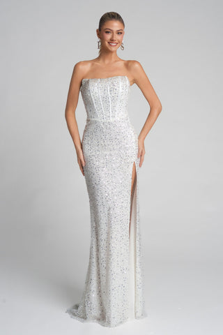 White sequin strapless gown with slit