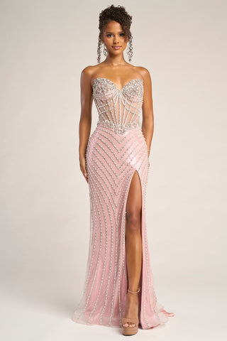 Apricot Pink beaded gown with high slit