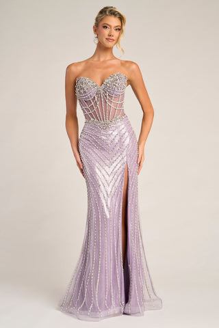 XO057 Lavender beaded evening gown with high slit