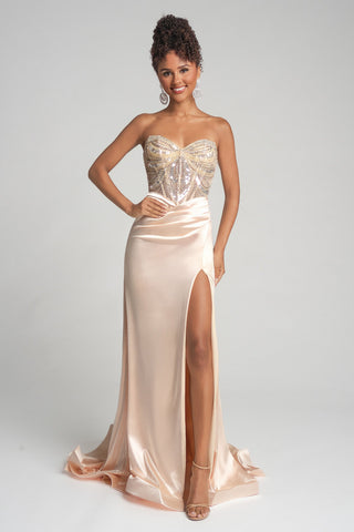 Cream XO065 gown with high slit