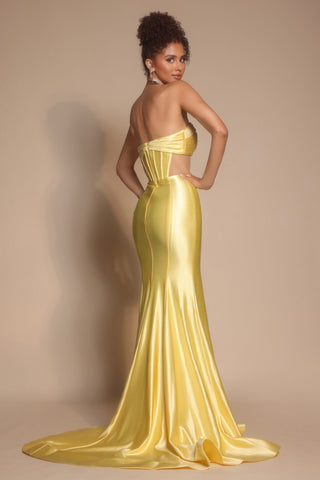Yellow XO066 gown, featuring a strapless design.