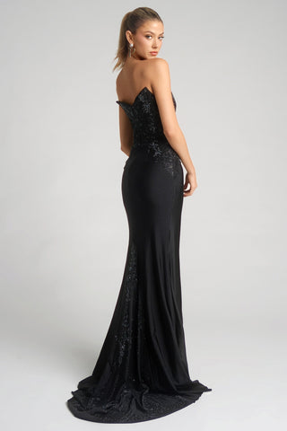 XO067 Black Gown, strapless with beaded detail.
