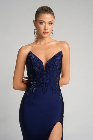 XO067 Navy strapless evening gown with intricate bodice