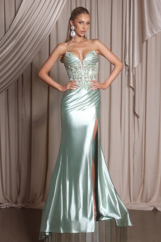 Sage green formal gown with high slit