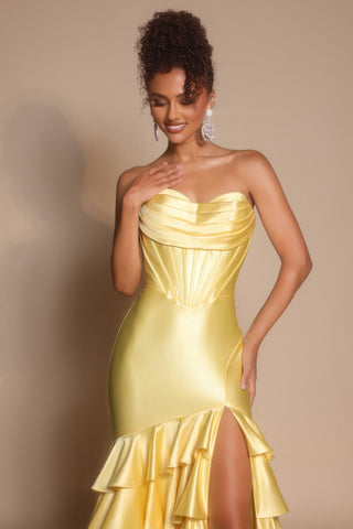 XO085 Yellow Dress with Ruffle & Slit