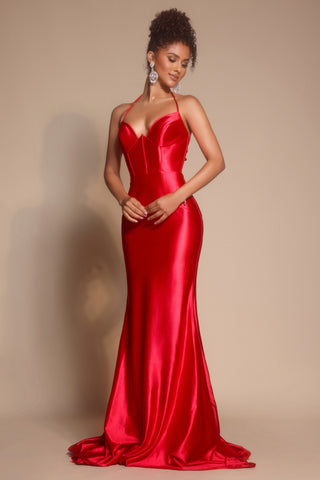 Red satin evening gown
