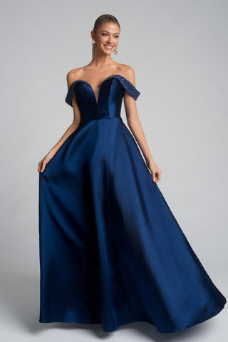 Navy off-shoulder formal gown, XO117-NAVY-01.