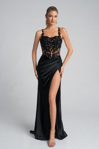 XO119 Black Lace Corset Gown with Thigh Slit