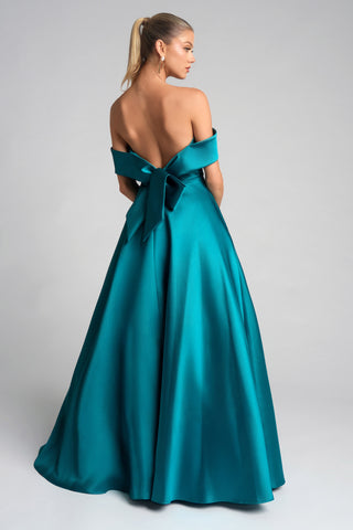 Teal off-shoulder gown with bow back (XO121-TEAL-02)