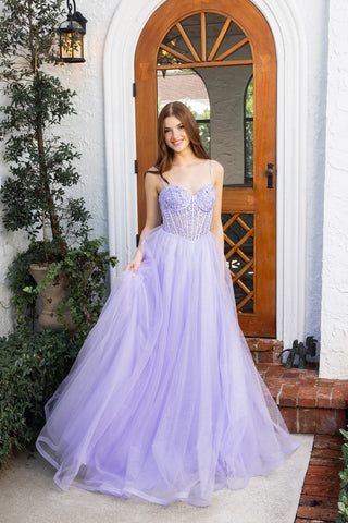 Lilac formal gown XO163, woman in front of door