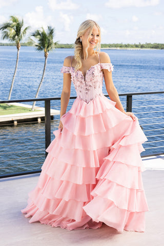 XO171 Pink Ruffled Prom Dress