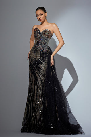 Elegant black evening gown with intricate detailing